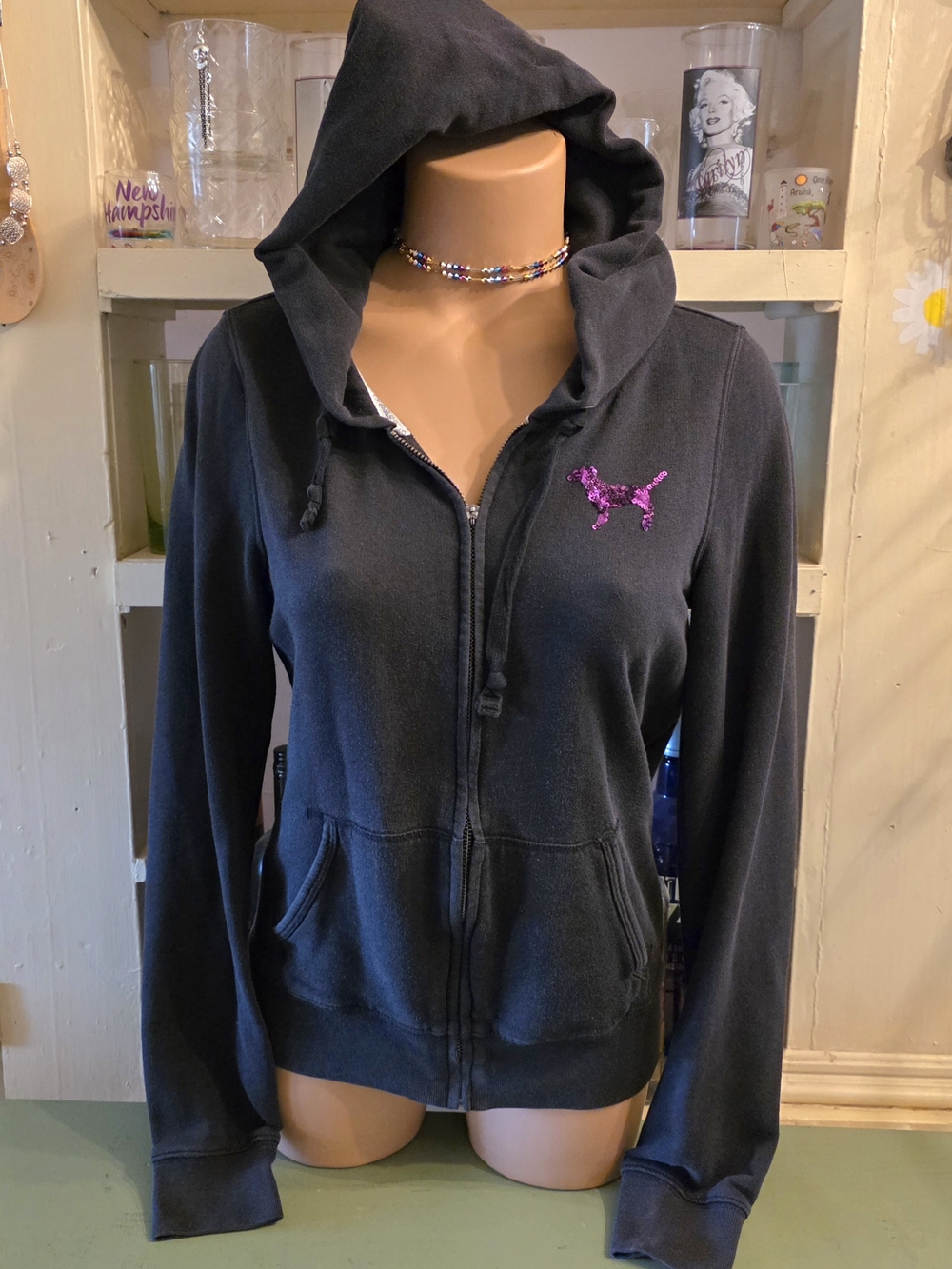 Victoria's Secret PINK Hooded Jacket Med. Black Pink Sequins Y2K *1 Small FLAW